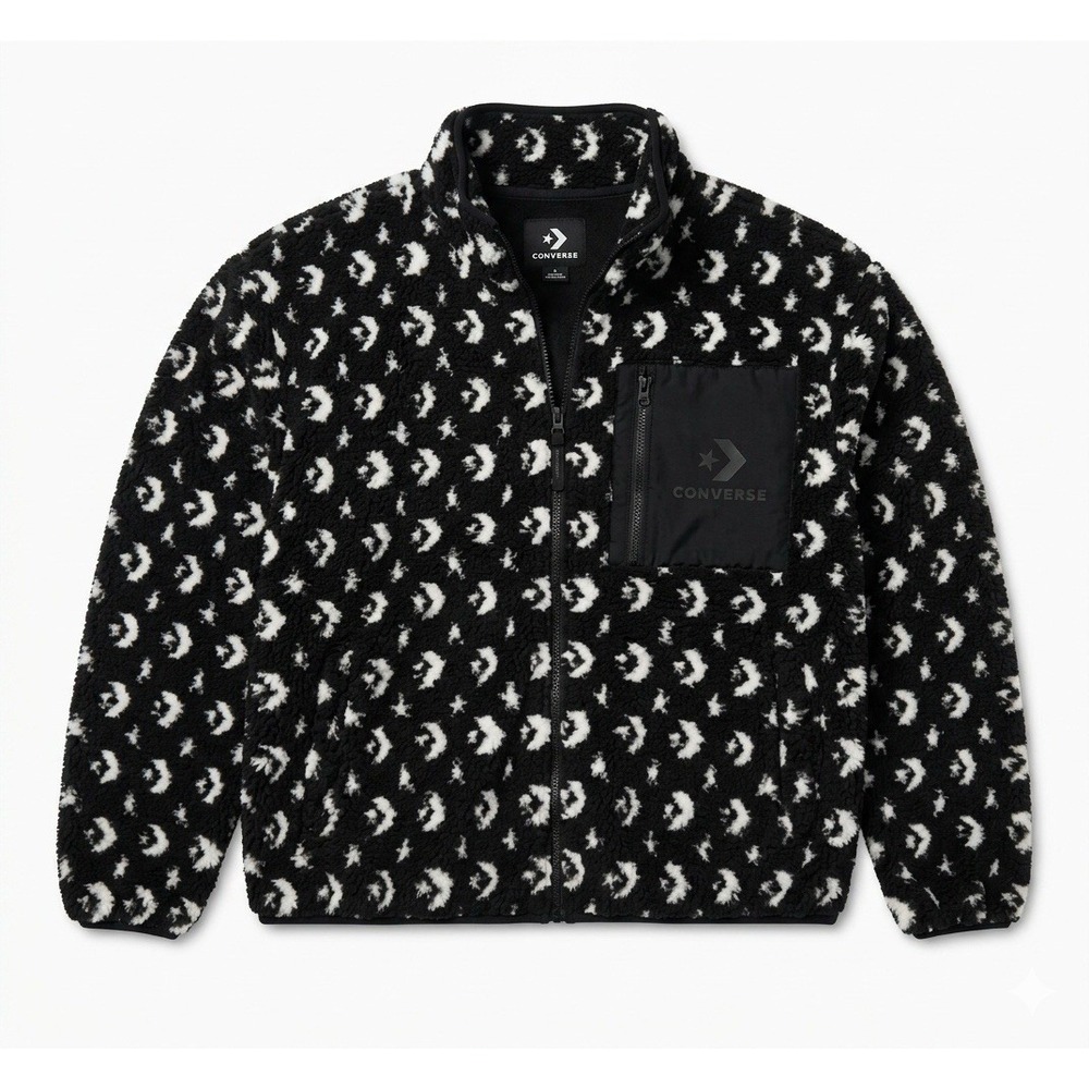 NWT Converse Black Teddy Fleece Jacket Womens L Full Zip Logo Pattern Cozy $120